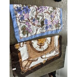 2 Scarves polyester 28”sq - Blue purple brown white